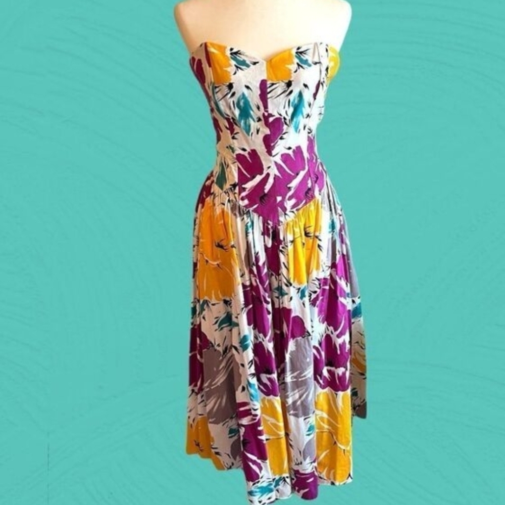 Vintage 80s sweetheart strapless drop waist cotton dress